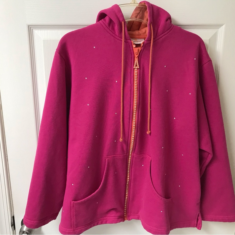 QVC Quackers Factory 1X 18-20W Hoodie rhinestone sparkle & Zipper pink orange